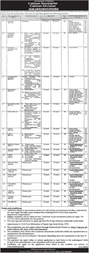 Cabinet Division Islamabad Jobs 2024 Advertisement