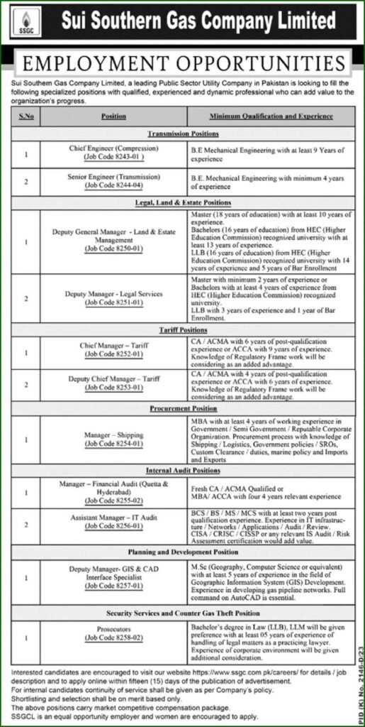 SSGC Jobs 2024 Advertisement
