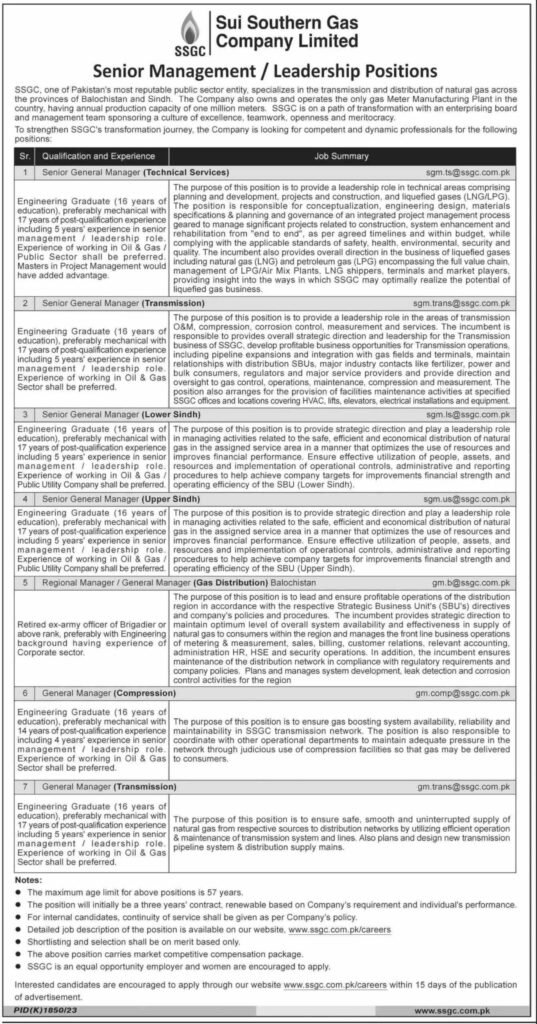 SSGC Jobs 2024 Advertisement